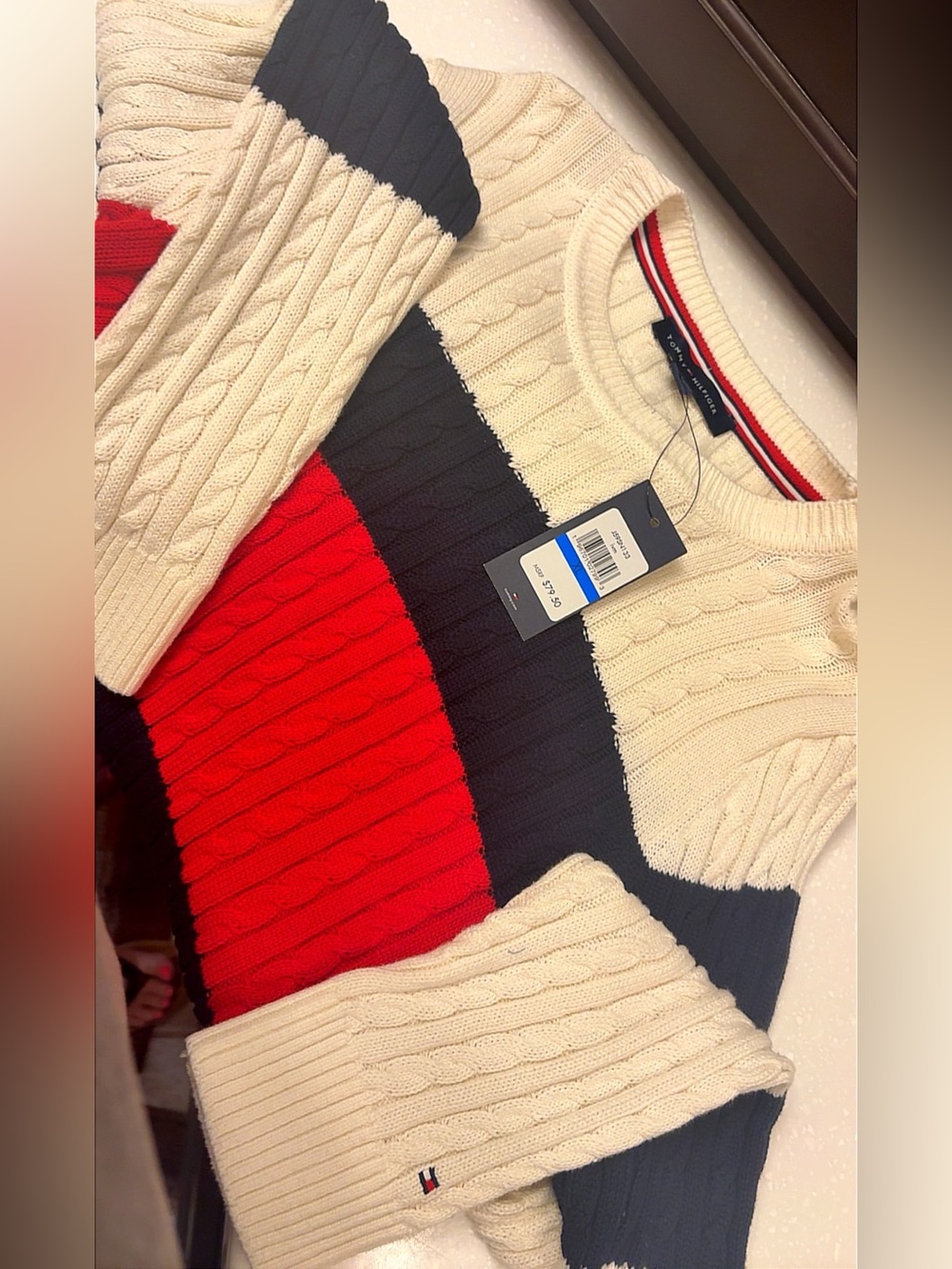 Tommy Hilfiger Cream, Navy & Red Cable Knit Crewneck Sweater